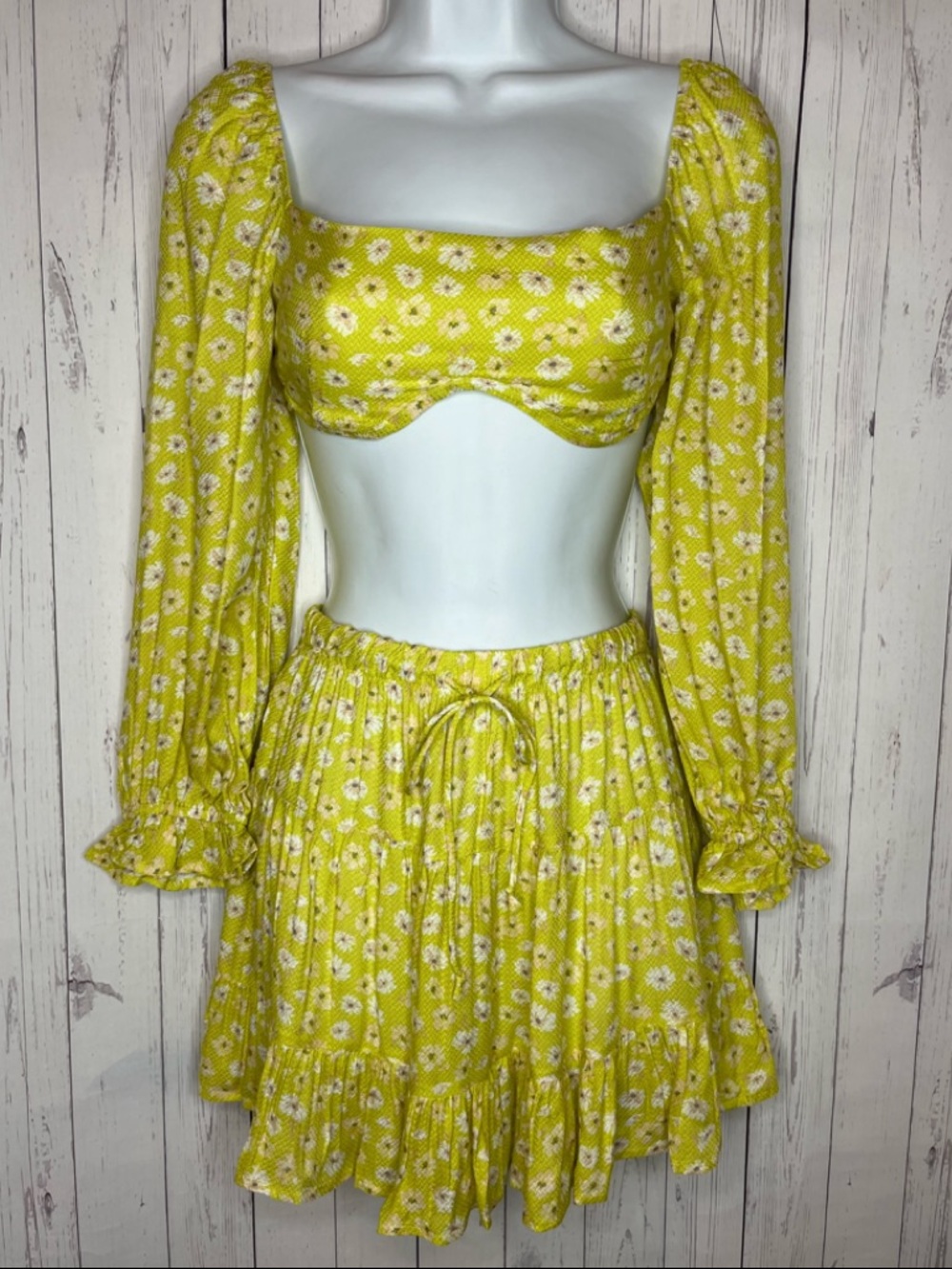 Sky To Moon Yellow Floral Print Crop Top & Mini Skirt Set Cottagecore Size Small